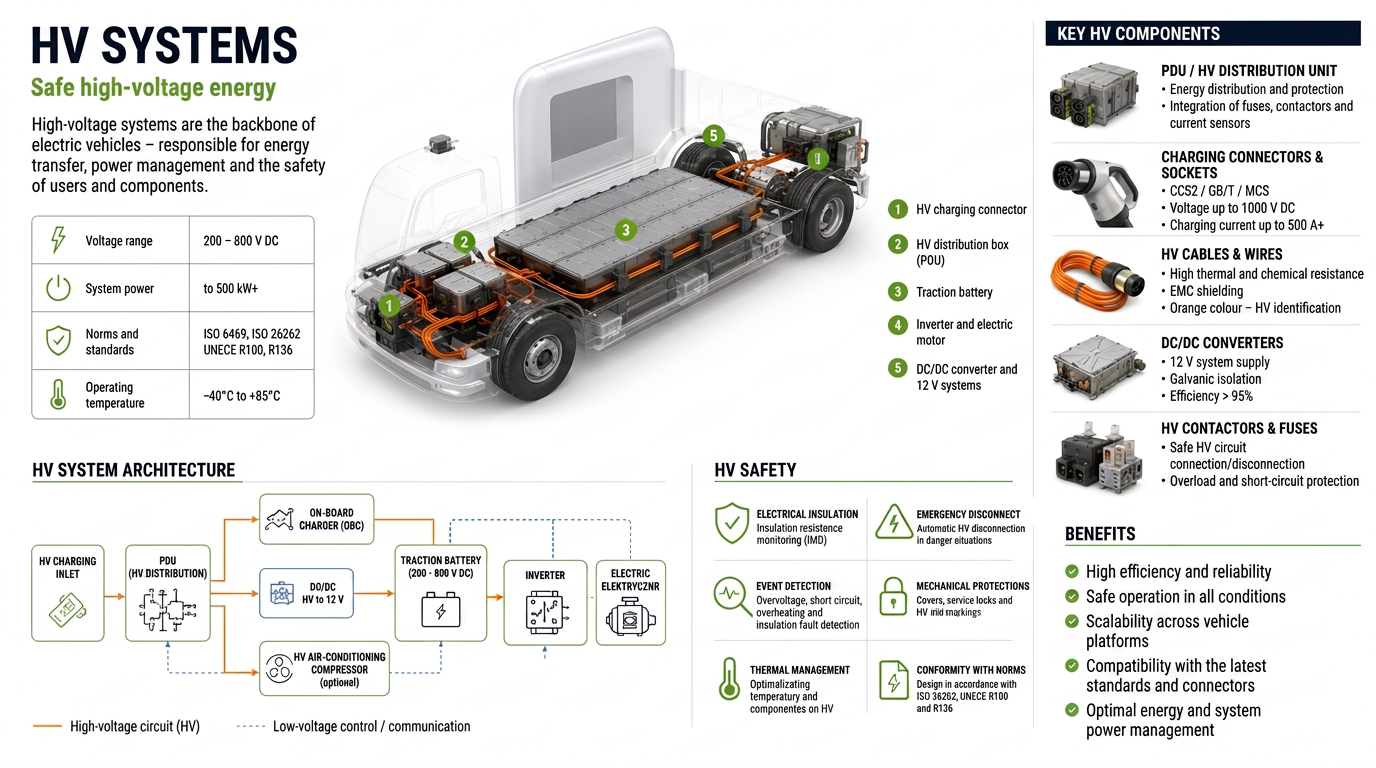 High voltage system architecture diagram for an electric truck