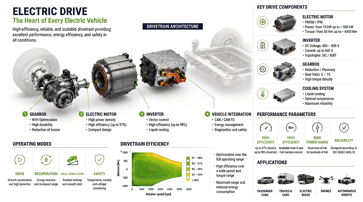 Electric drivetrain architecture diagram with motor, inverter and gearbox